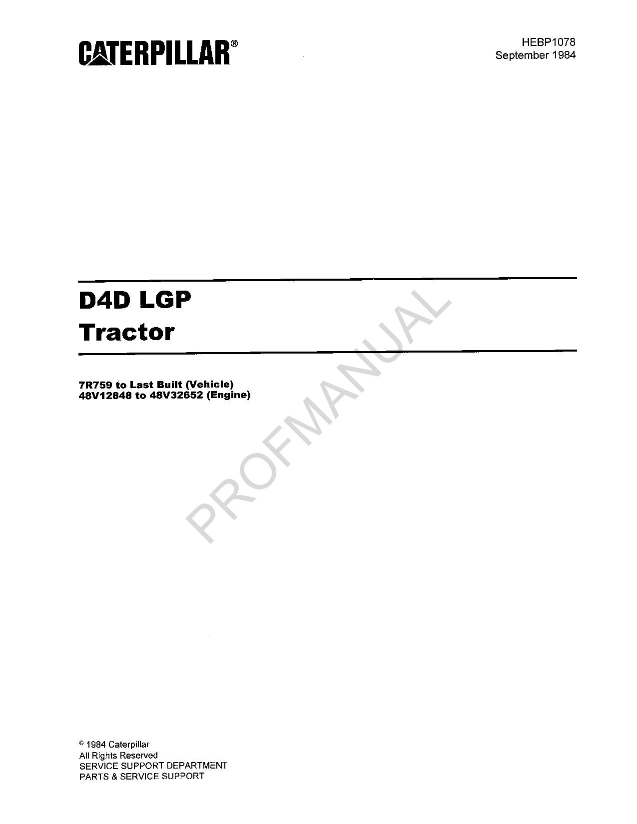 Caterpillar Cat D4D LGP Tractor Parts Catalog Manual HEBP1078