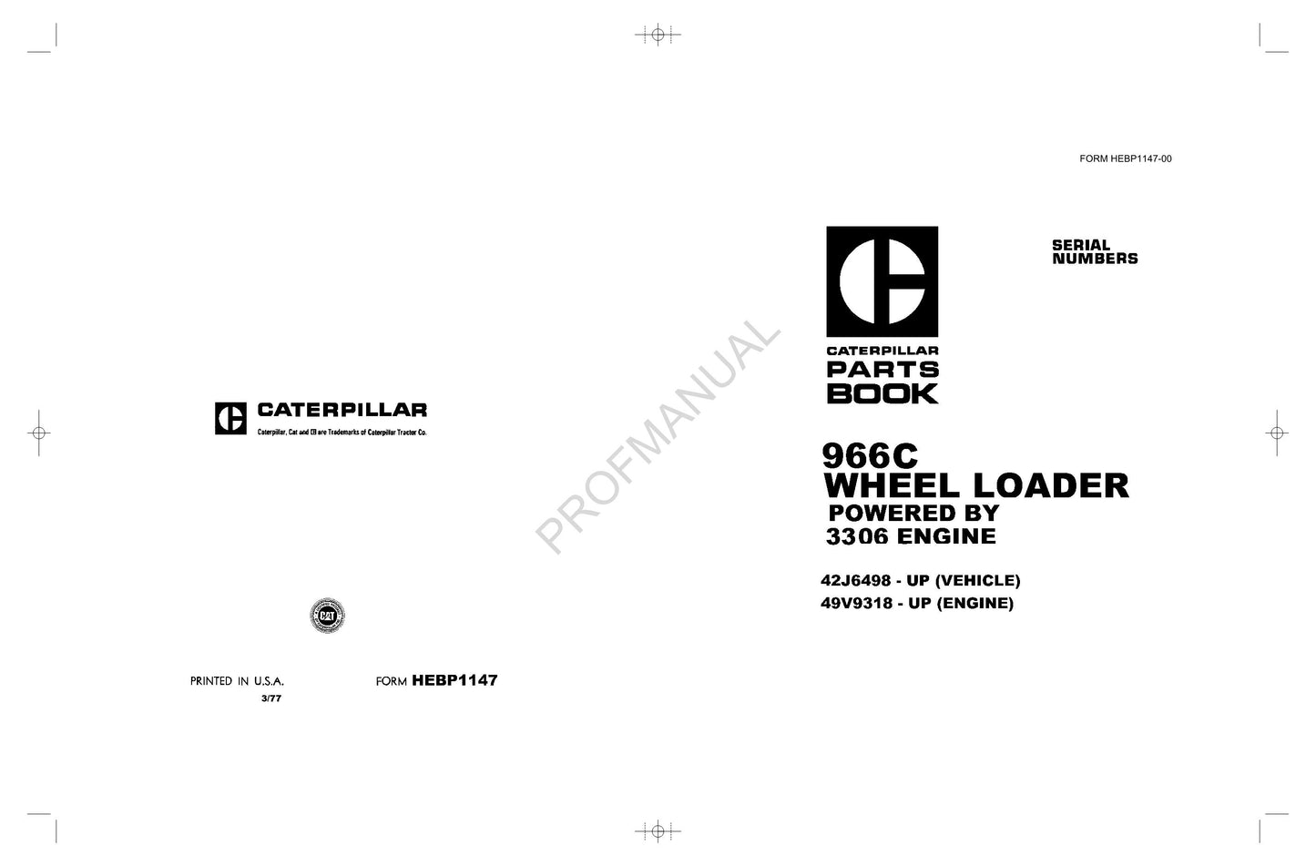 Caterpillar 966C Wheel Loader Powered 3306 Engine Parts Catalog Manual HEBP1147