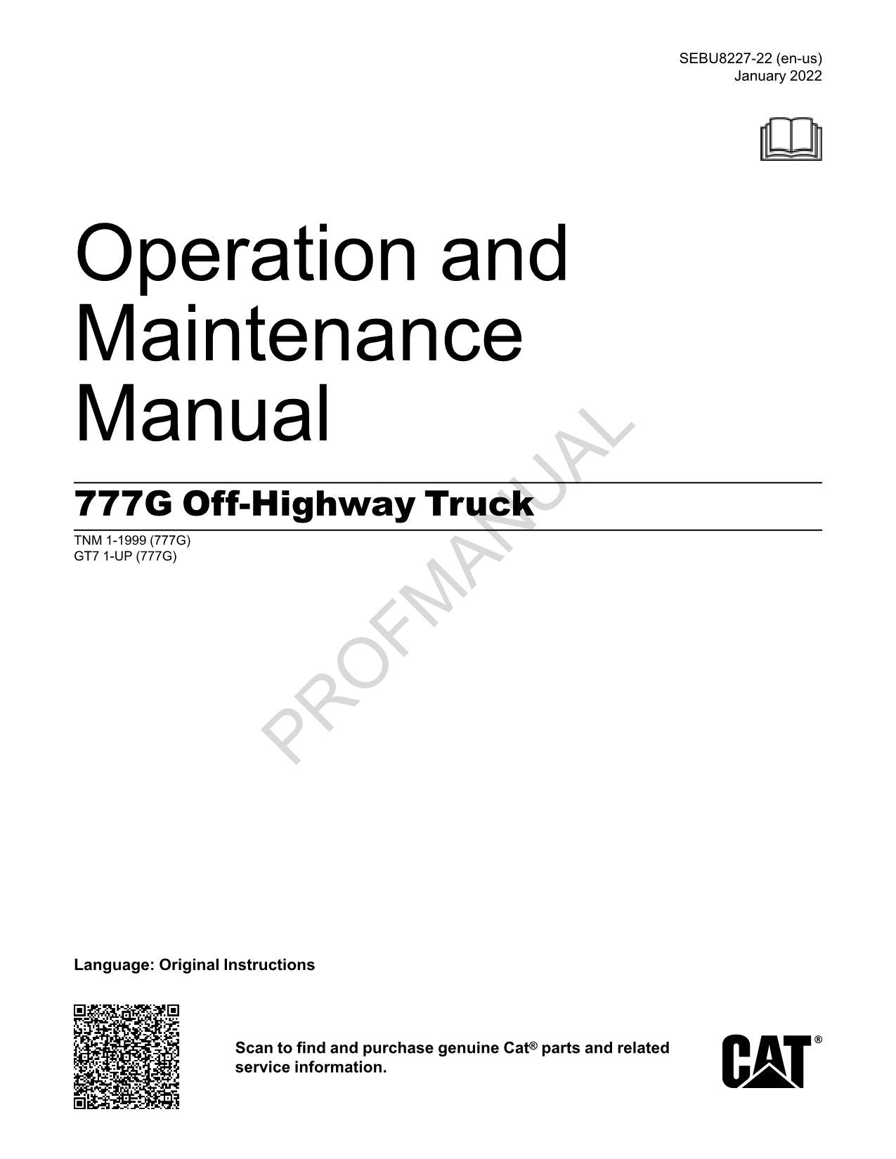 Caterpillar Cat 777G Off Highway Truck Operators Maintenance Manual