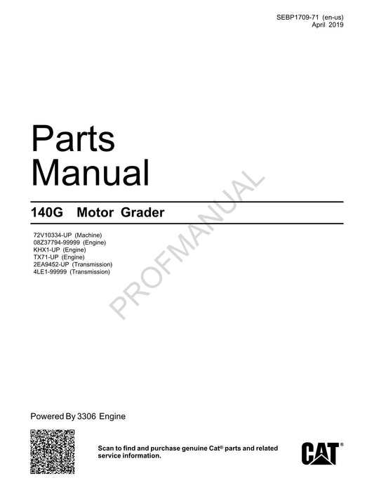 Caterpillar Cat 140G Motor Grader Parts Catalog Manual SEBP1709