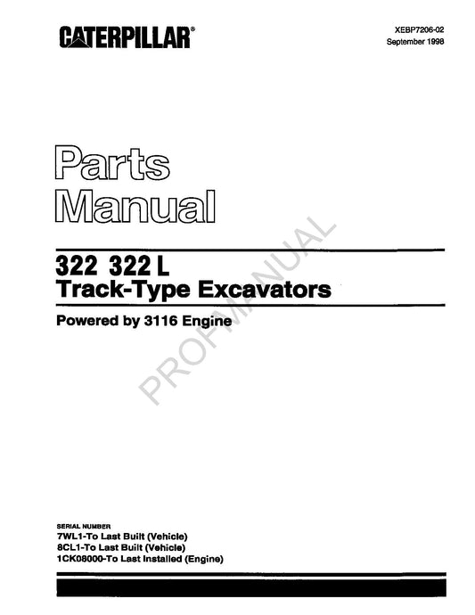 Caterpillar Cat 322 322 L Track Type Excavator Parts Catalog Manual