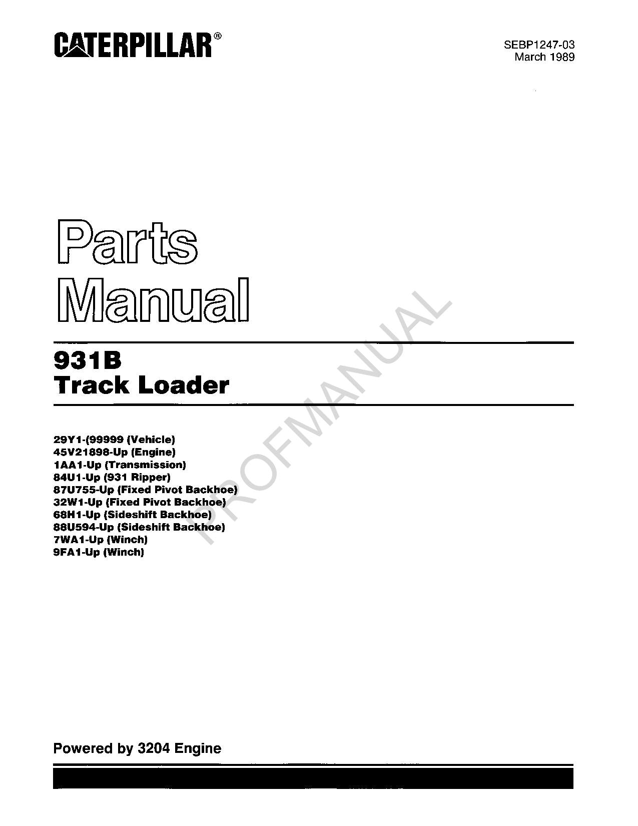 Caterpillar Cat 931B Track Loader Parts Catalog Manual