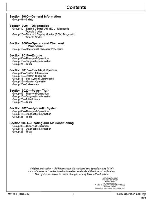 JOHN DEERE 643K WHEELED FELLER BUNCHER OPERATION TEST TECHNICAL MANUAL