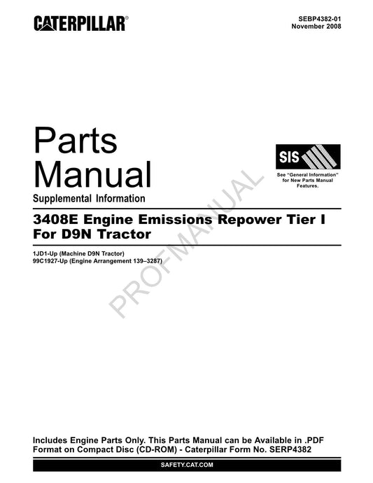 Caterpillar Cat 3408E Motor Tier I D9N Traktor OEM Teilekatalog Handbuch