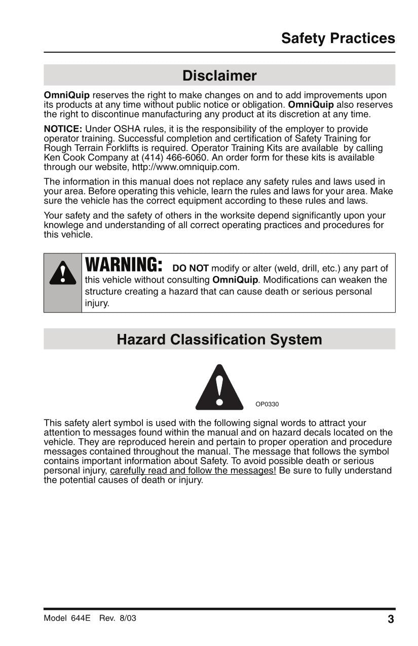 SKYTRAK 644E-38 Telehandler Maintenance Operation Operators Manual