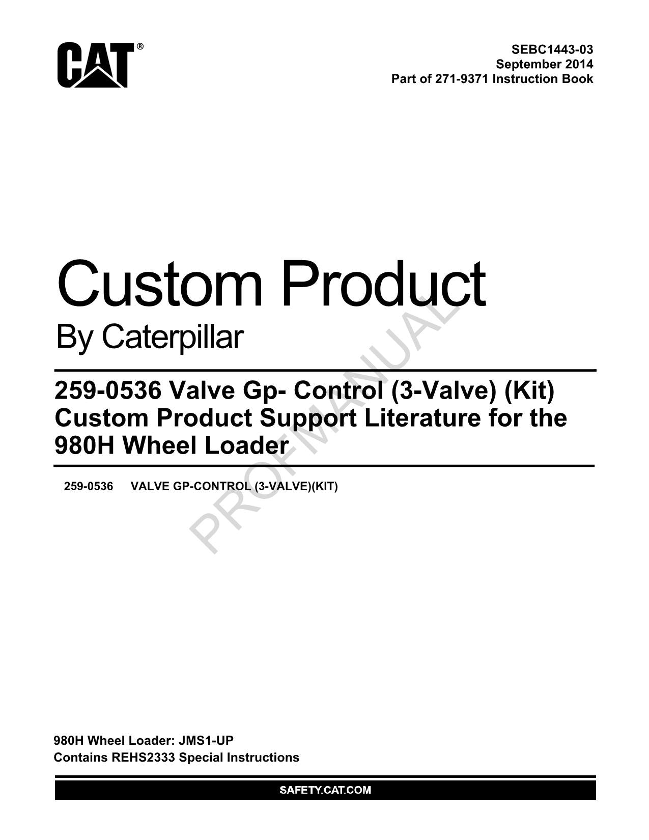 Caterpillar 259 0536 Valve Gp Control 3 Valve Kit Parts Catalog Manual SEBC1443