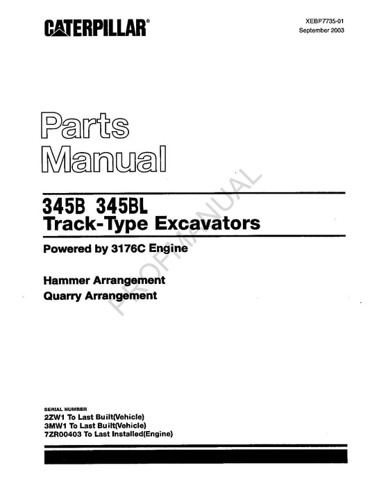 Caterpillar Cat 345B 345BL Kettenbagger Hammer Quarry Ar Teilekatalog Handbuch