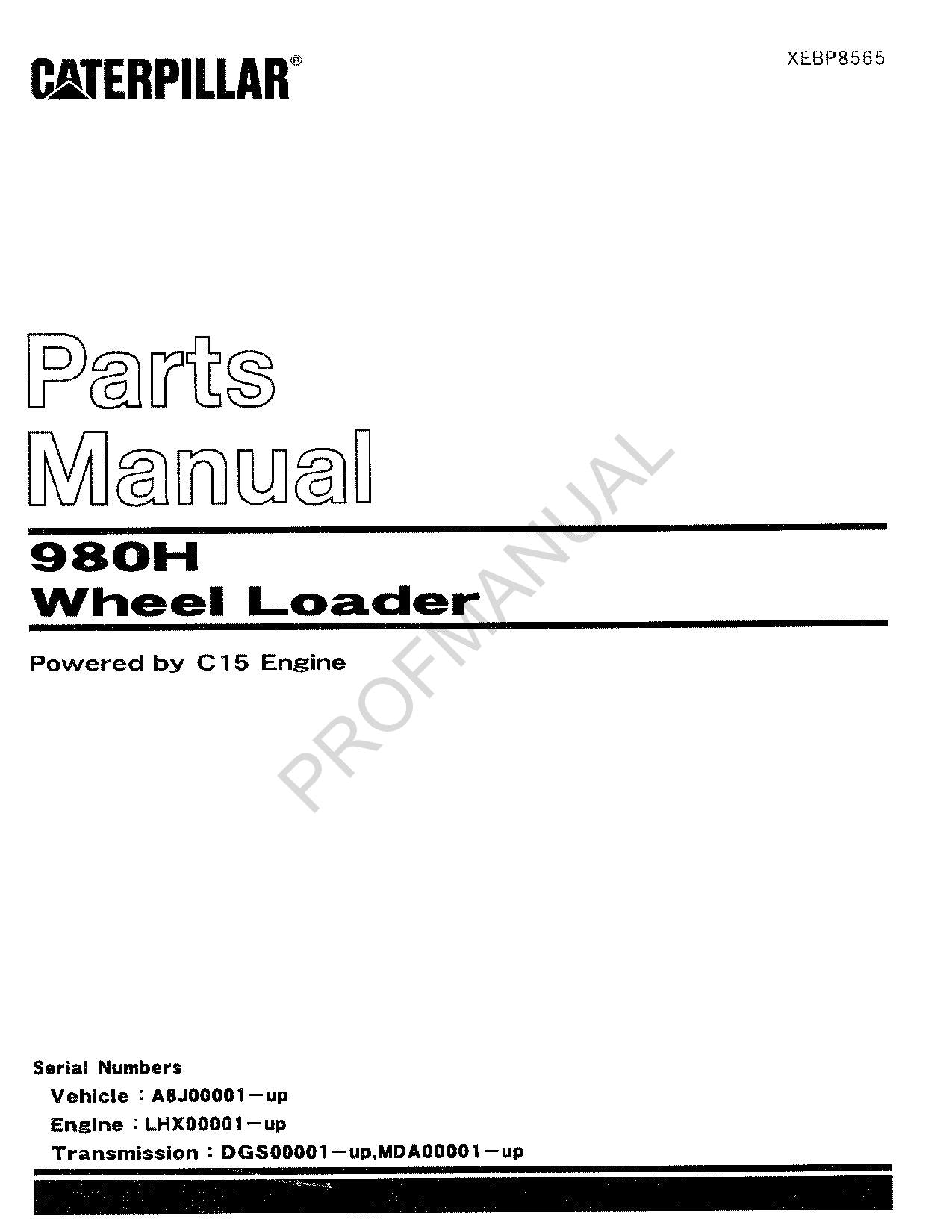 Caterpillar Cat 980H Wheel Loader Parts Catalog Manual XEBP8565