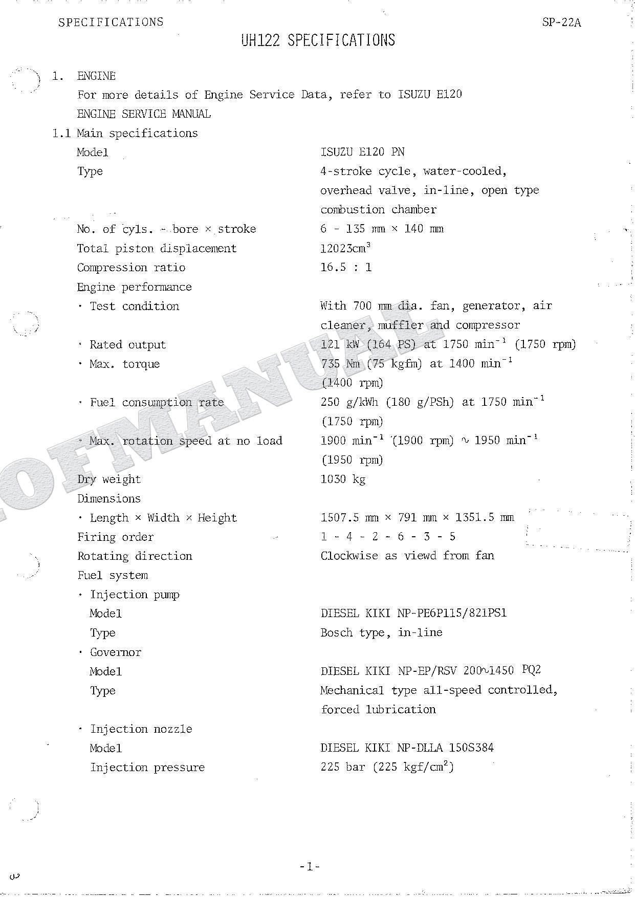 HITACHI UH122 Excavator Repair Service manual Specification