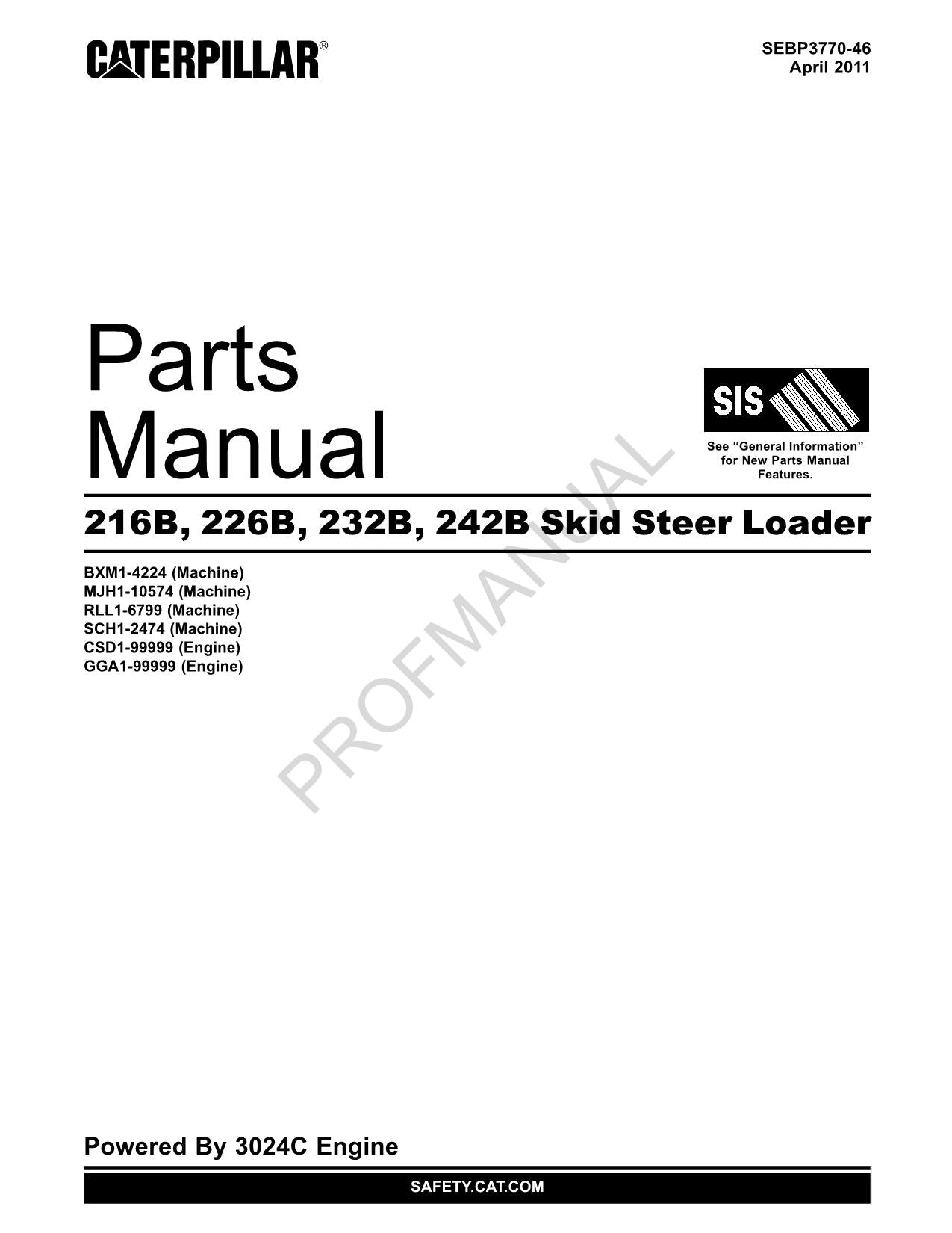 Caterpillar Cat 216B 226B 232B 242B Skid Steer Loader Parts Catalog Manual