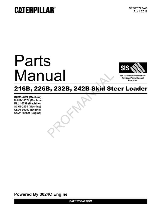 Caterpillar Cat 216B 226B 232B 242B Skid Steer Loader Parts Catalog Manual