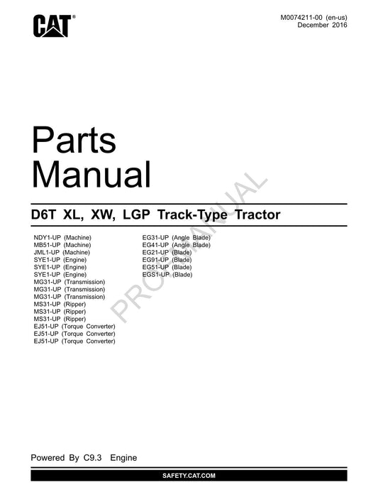 Caterpillar Cat D6T XL XW LGP Track Type Tractor Parts Catalog Manual M0074211