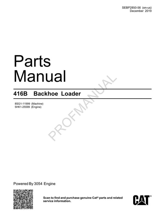 Caterpillar Cat 416B Backhoe Loader Parts Catalog Manual SEBP2850