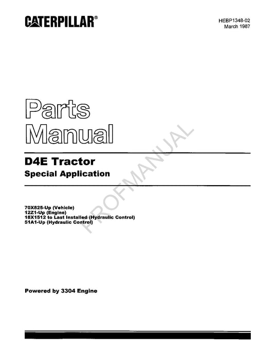 Caterpillar Cat D4E Tractor Special Application Parts Catalog Manual HEBP1348