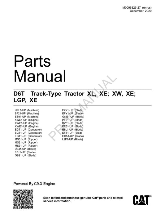 Caterpillar Cat D6T Track Type Tractor Parts Catalog Manual M0096326