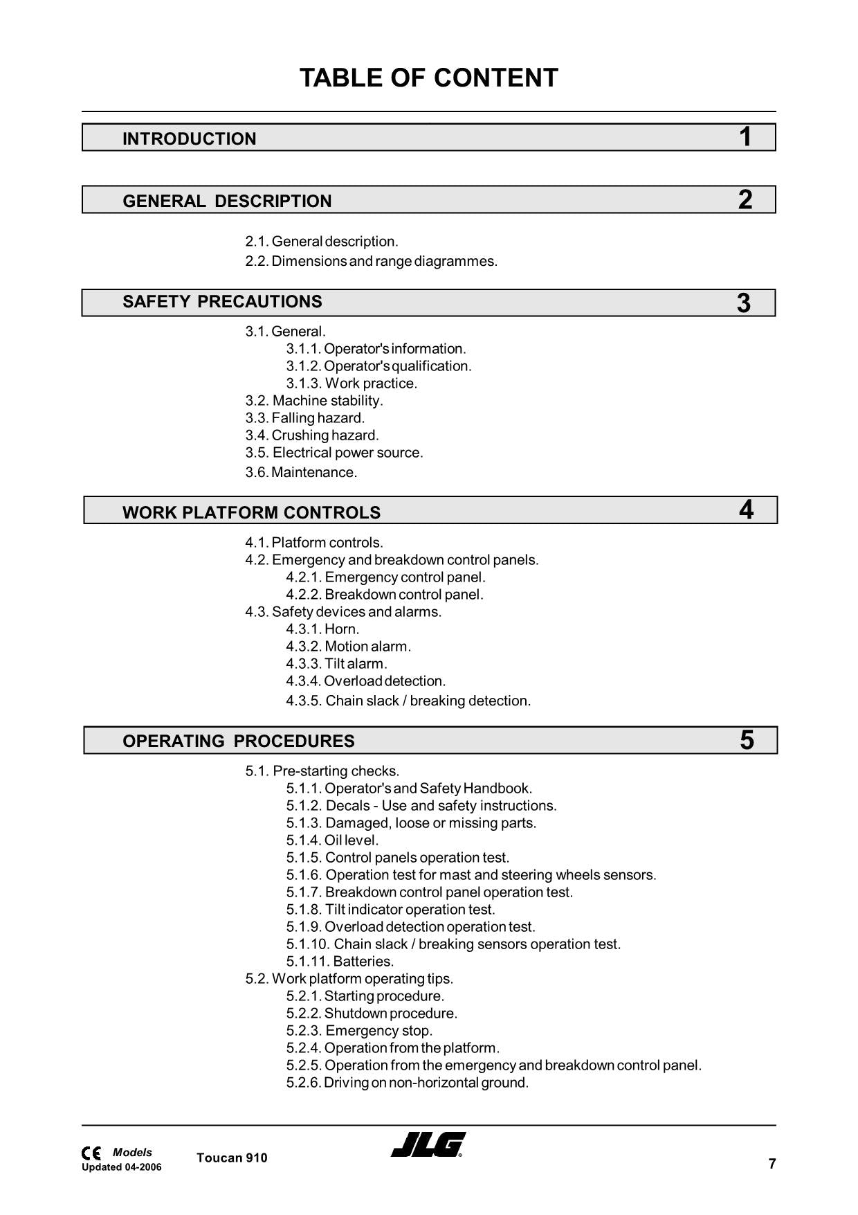 TOUCAN 910 Vertical Lift Maintenance Operation Operators Manual