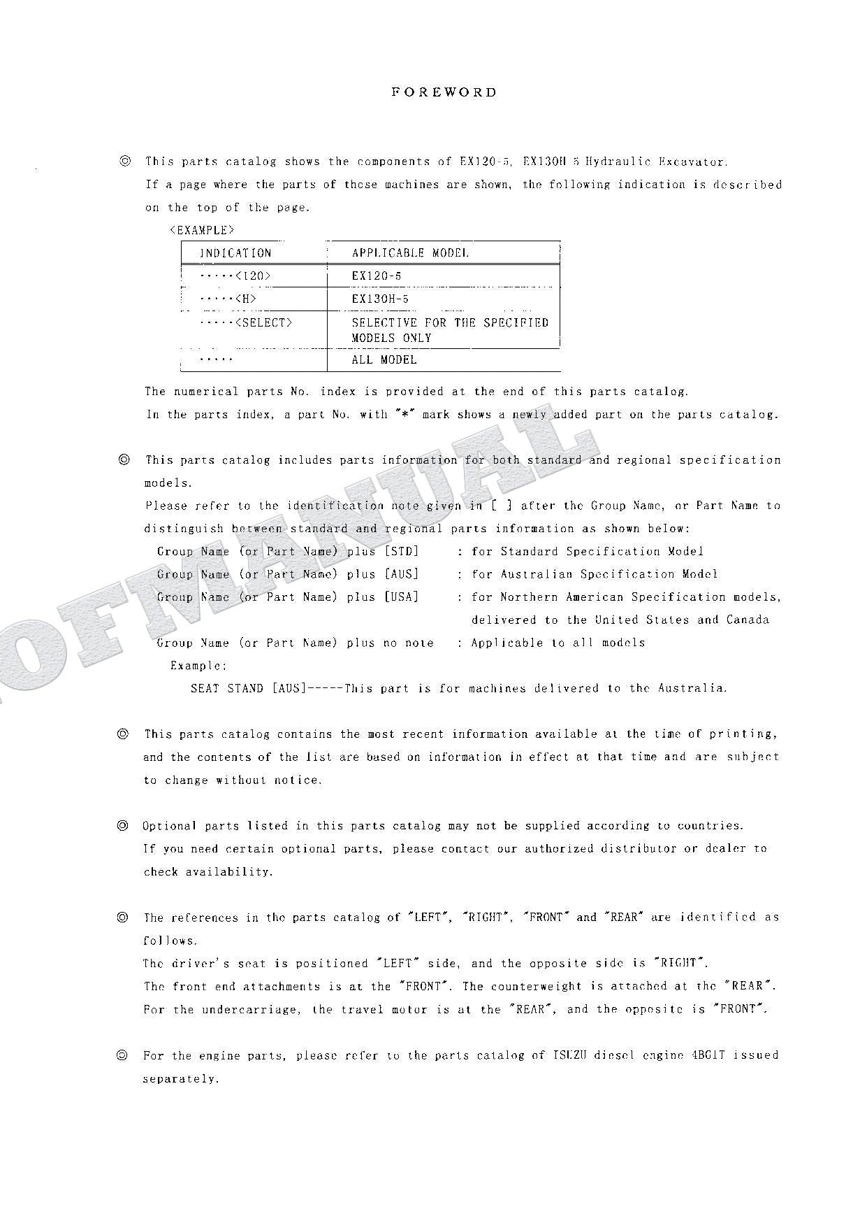 HITACHI EX120-5 EX130H-5 Excavator Parts Catalog Manual