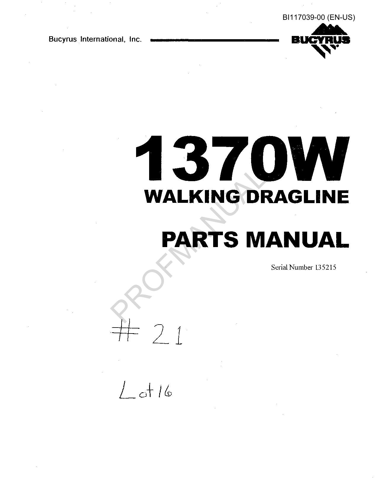 Caterpillar Bucyrus 1370W Underground Longwall Parts Catalog Manual ser 135215