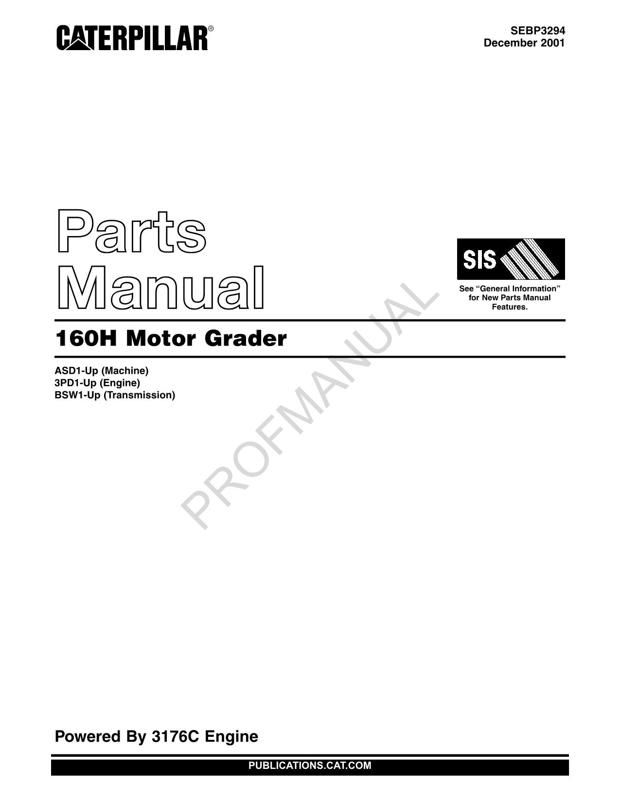 Caterpillar Cat 160H Motor Grader Parts Catalog Manual SEBP3294