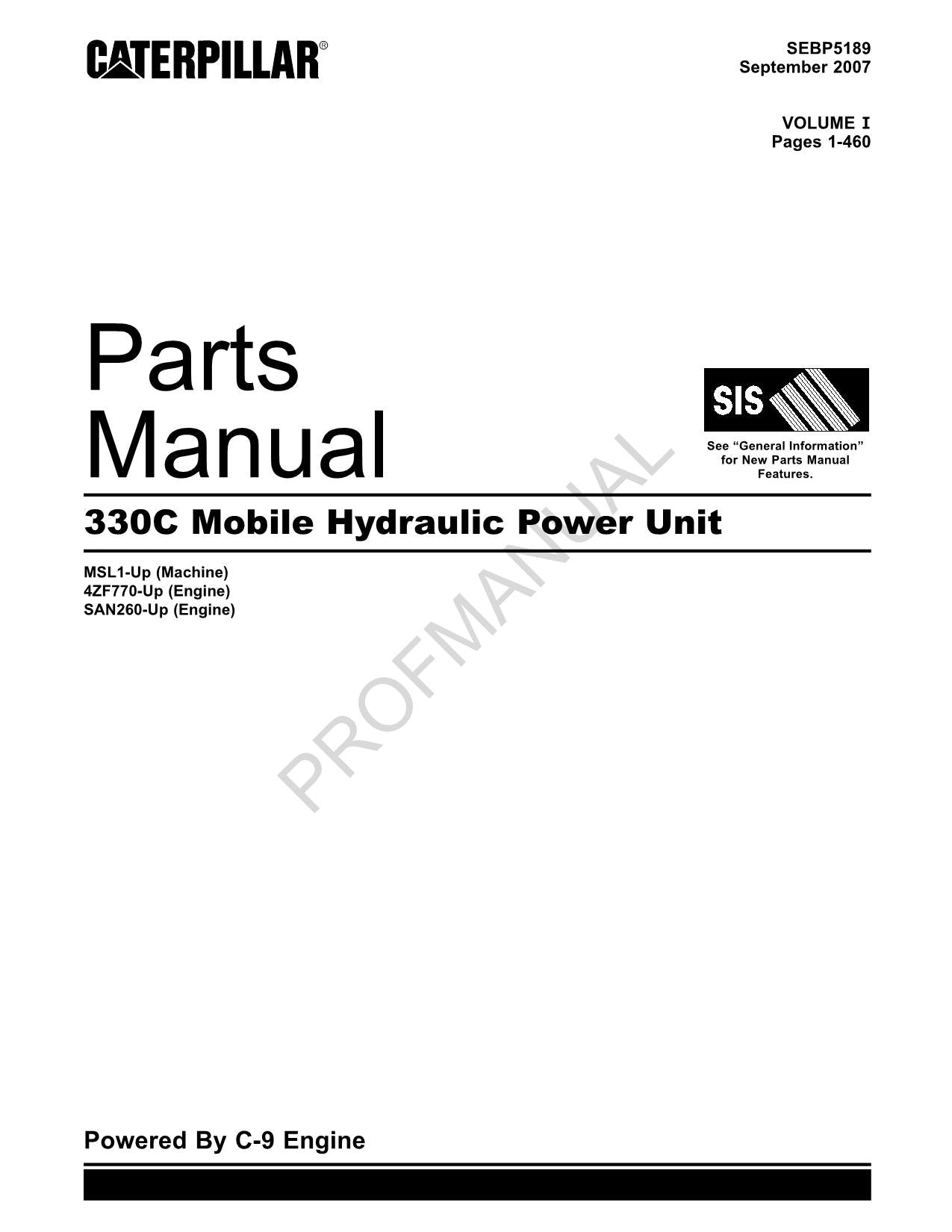 Manuel du catalogue des pièces détachées de l'unité d'alimentation hydraulique mobile Caterpillar Cat 330C