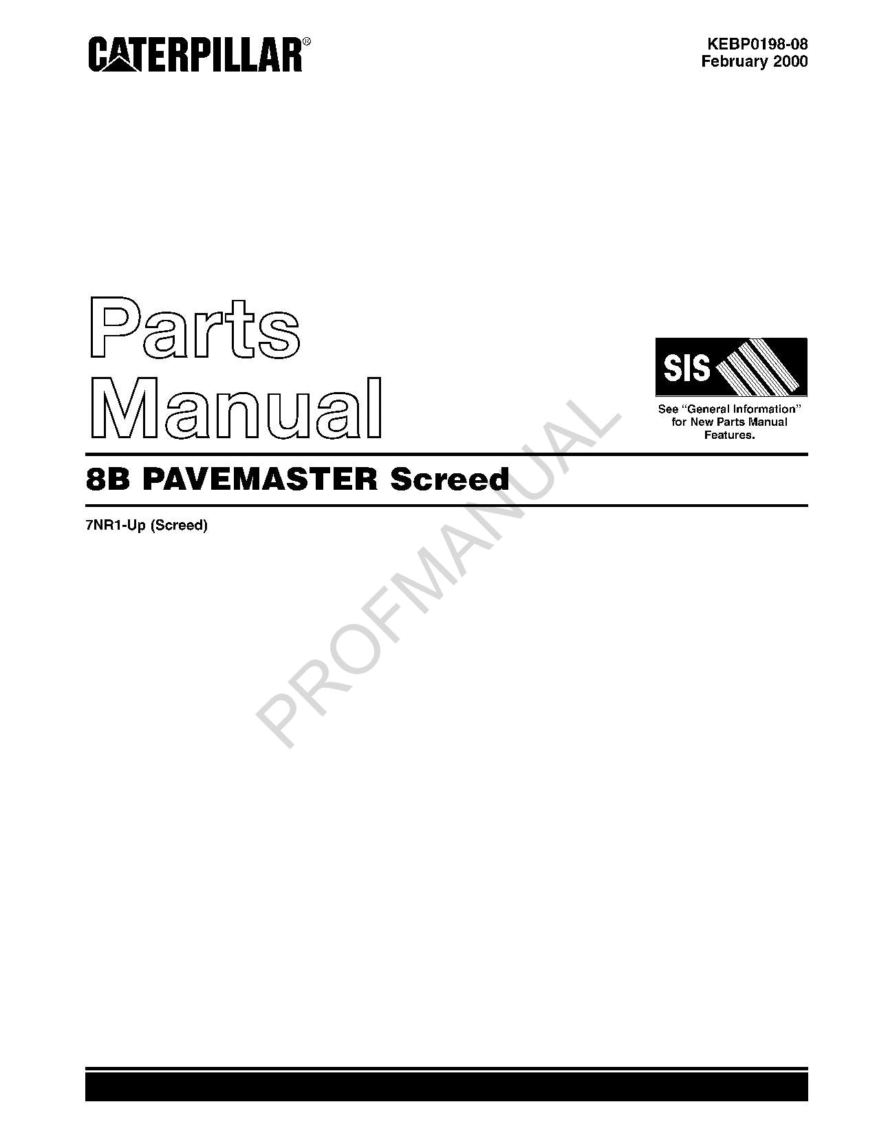 Caterpillar Cat 8B Pavemaster Screed Parts Catalog Manual 7NR1-Up