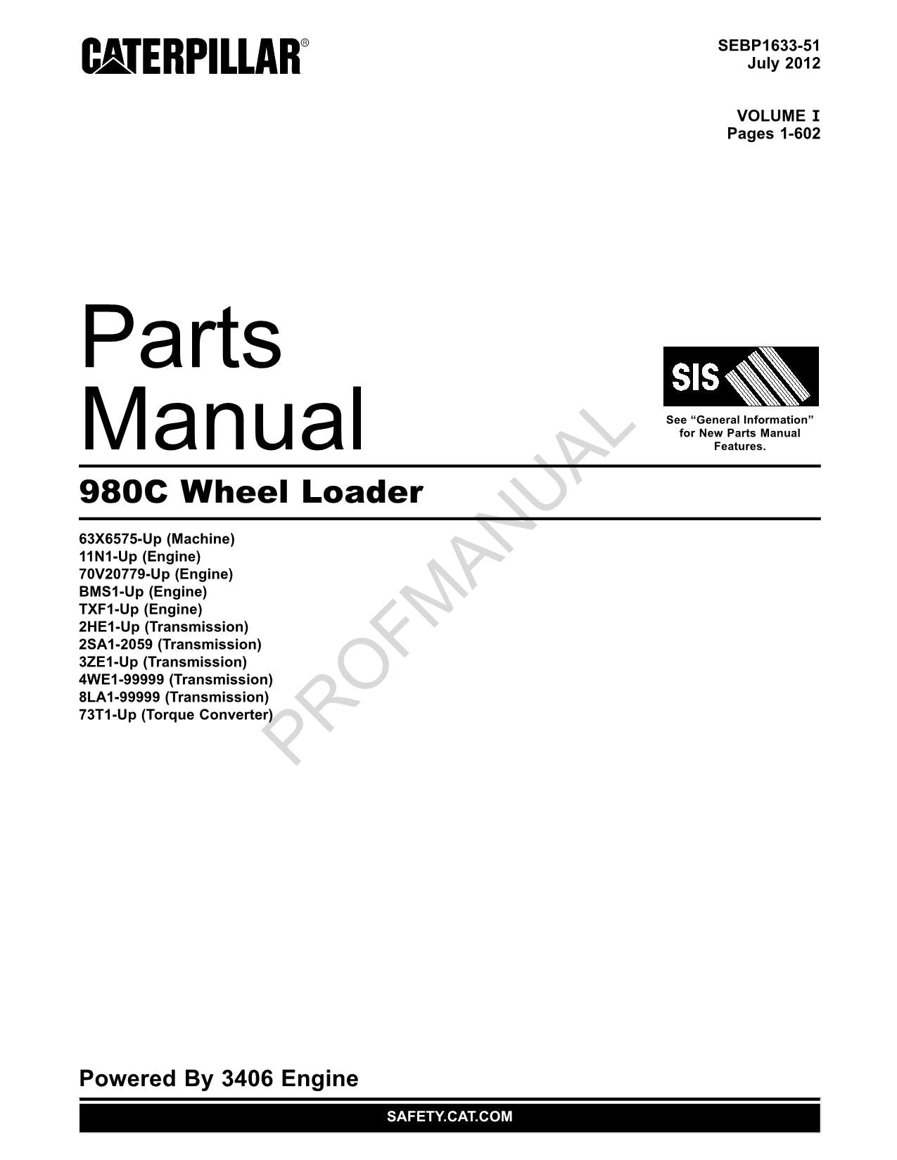 Caterpillar Cat 980C Wheel Loader Parts Catalog Manual SEBP1633