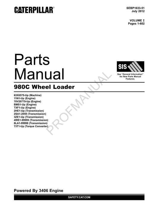 Caterpillar Cat 980C Wheel Loader Parts Catalog Manual SEBP1633