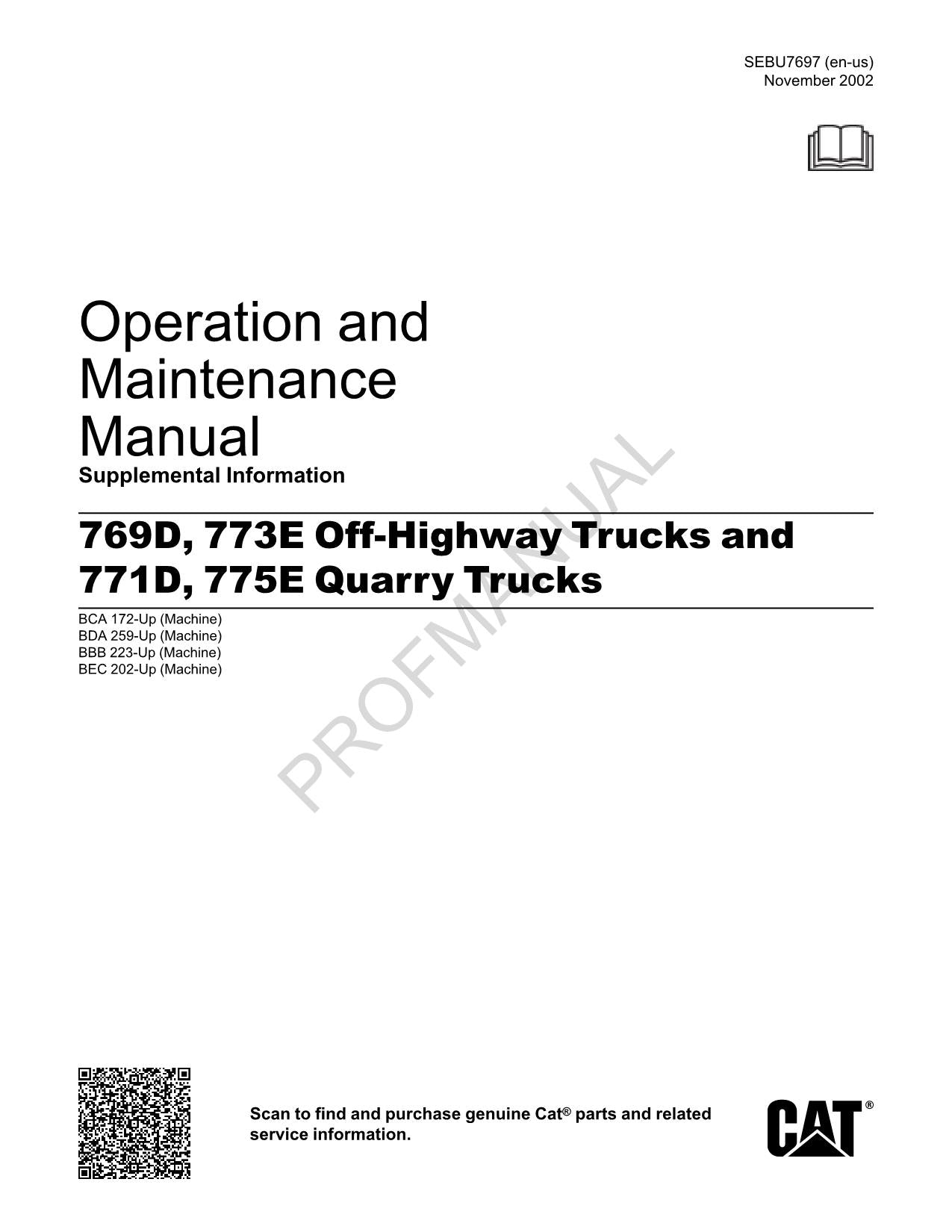 Caterpillar Cat 769D 773E Off Highway Truck Suppl Operators Maintenance Manual