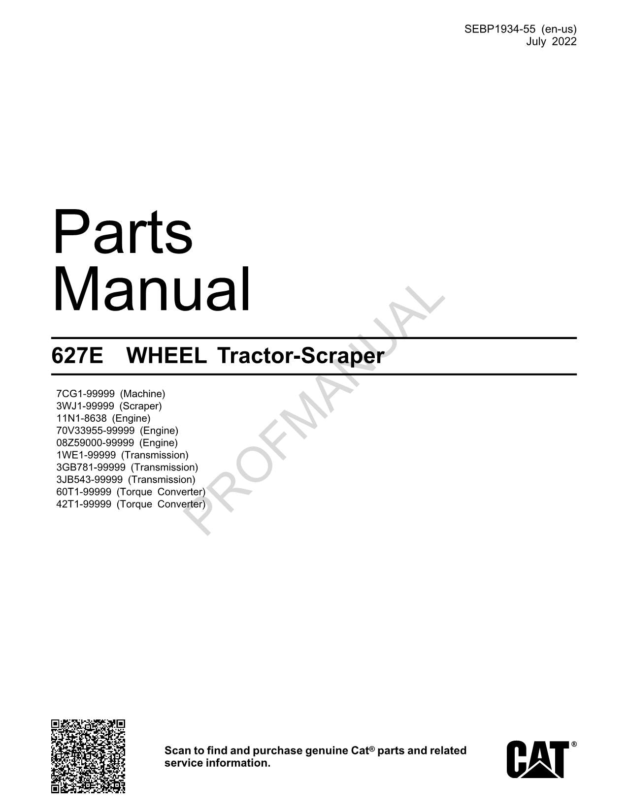 Caterpillar Cat 627E Wheel Tractor Scraper Parts Catalog Manual SEBP1934