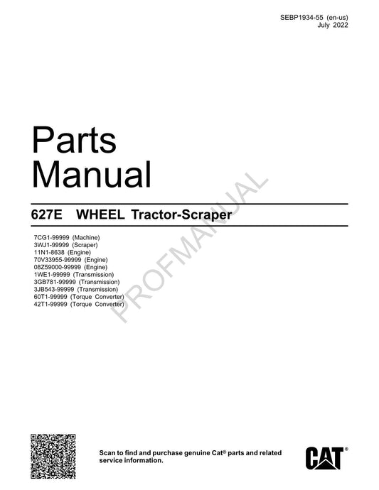 Caterpillar Cat 627E Wheel Tractor Scraper Parts Catalog Manual SEBP1934