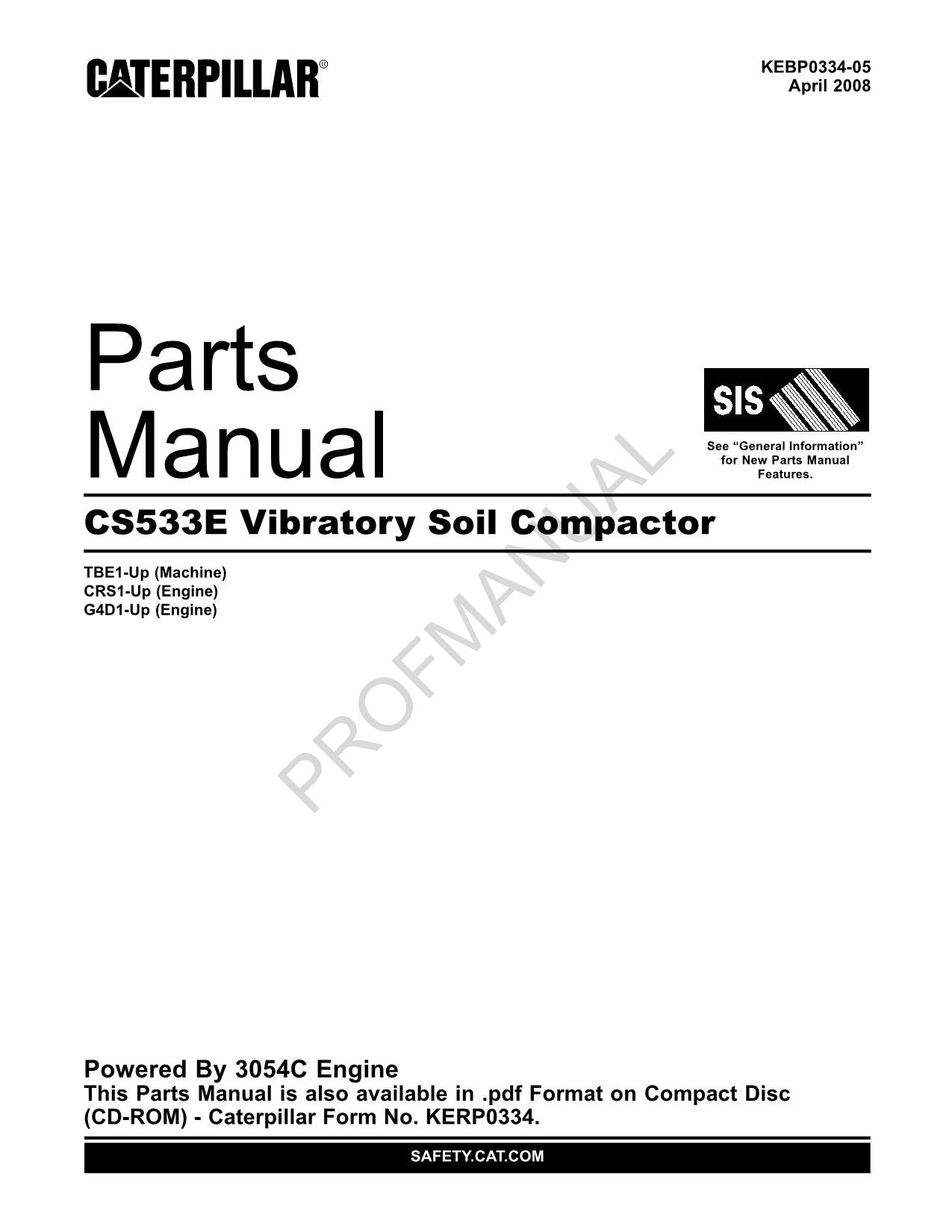 Caterpillar Cat CS533E Vibratory Soil Compactor Parts Catalog Manual