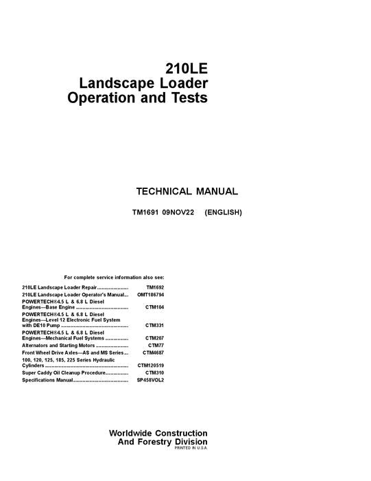 JOHN DEERE 210LE LANDSCAPE LOADER OPERATION TEST SERVICE MANUAL