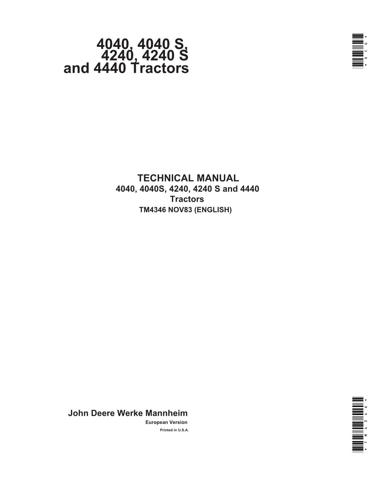 JOHN DEERE 4040 4040S 4240 4240S 4440 TRAKTOR SERVICEHANDBUCH