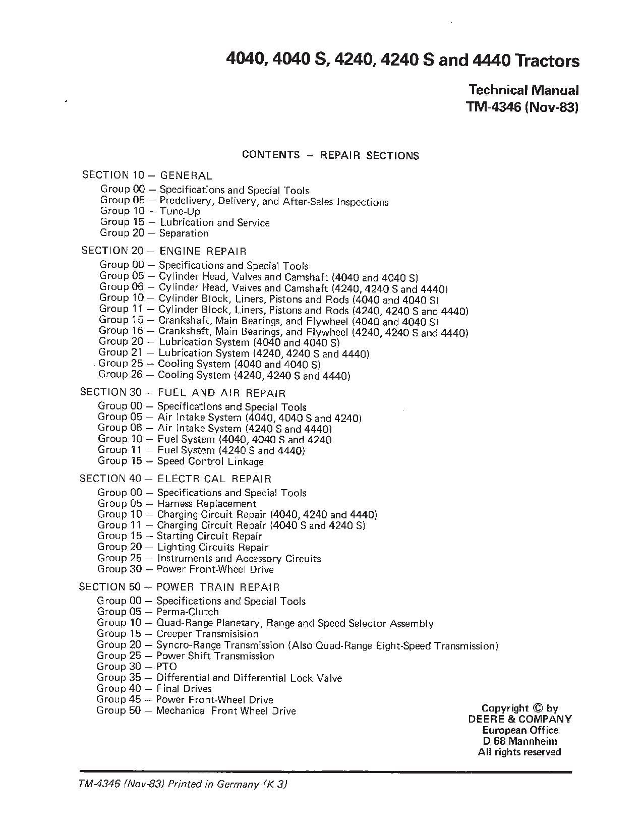 JOHN DEERE 4040 4040S 4240 4240S 4440 TRACTOR SERVICE MANUAL