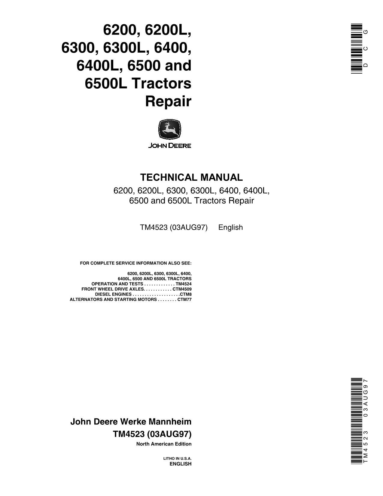 JOHN DEERE 6200 6200L 6300 6300L TRACTOR REPAIR SERVICE MANUAL