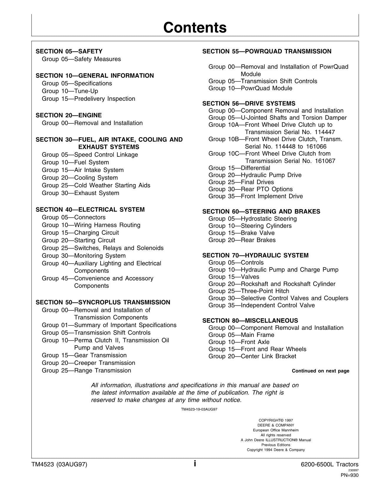 JOHN DEERE 6200 6200L 6300 6300L TRACTOR REPAIR SERVICE MANUAL