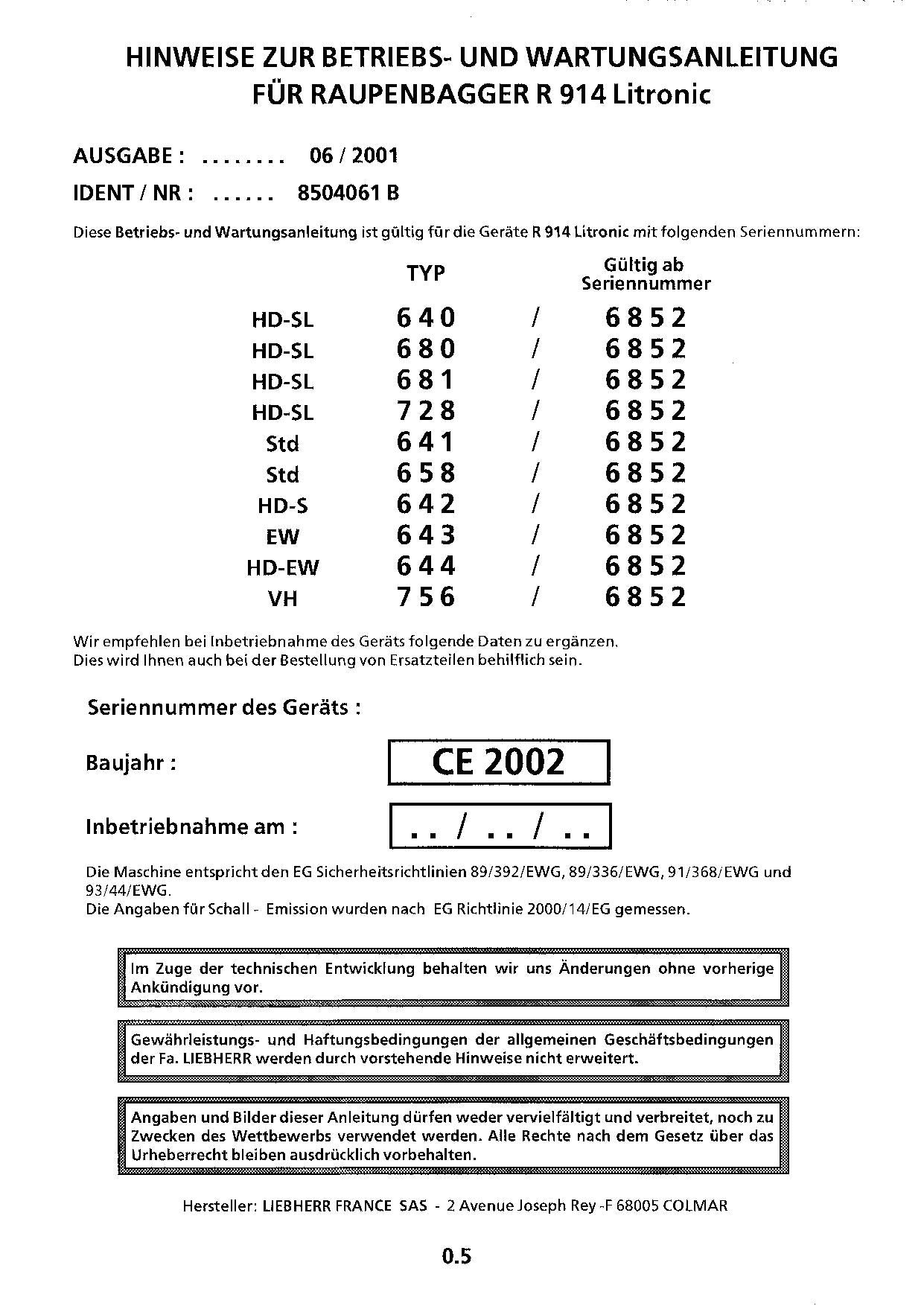 Liebherr R914 Litronic Hydraulikbagger Manuel d'instructions 8504061