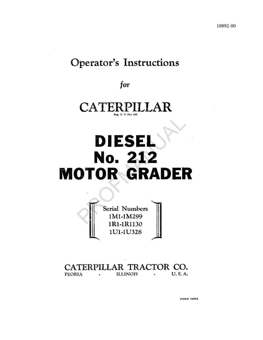 Caterpillar Diesel 212 Motor Grader Operators Manual 00010892EN-US