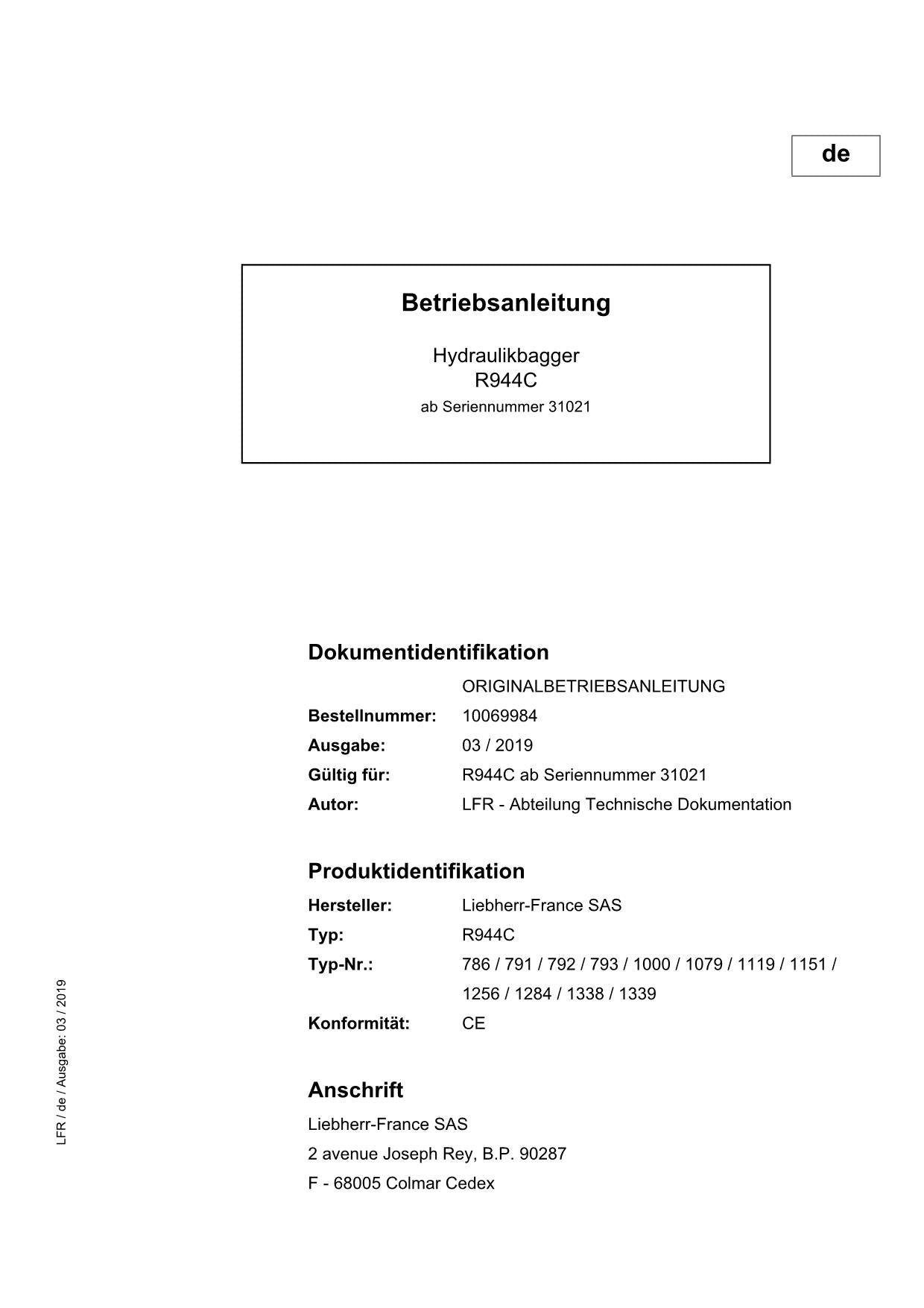 Liebherr R944 C Hydraulikbagger Betriebsanleitung ser 31021