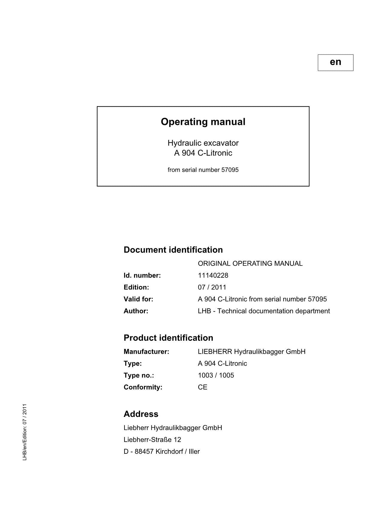 Liebherr A904 C-Litronic Excavator Operators manual serial 1005