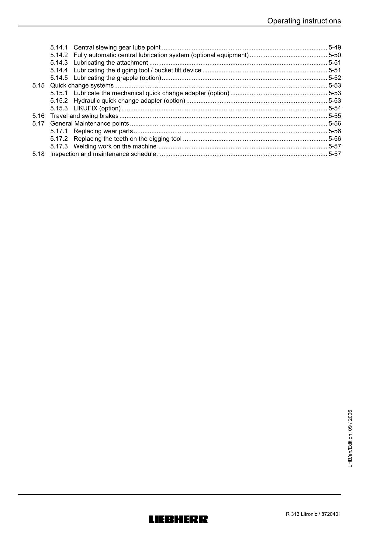 Liebherr R313 Litronic Excavator Operators manual serial 27752