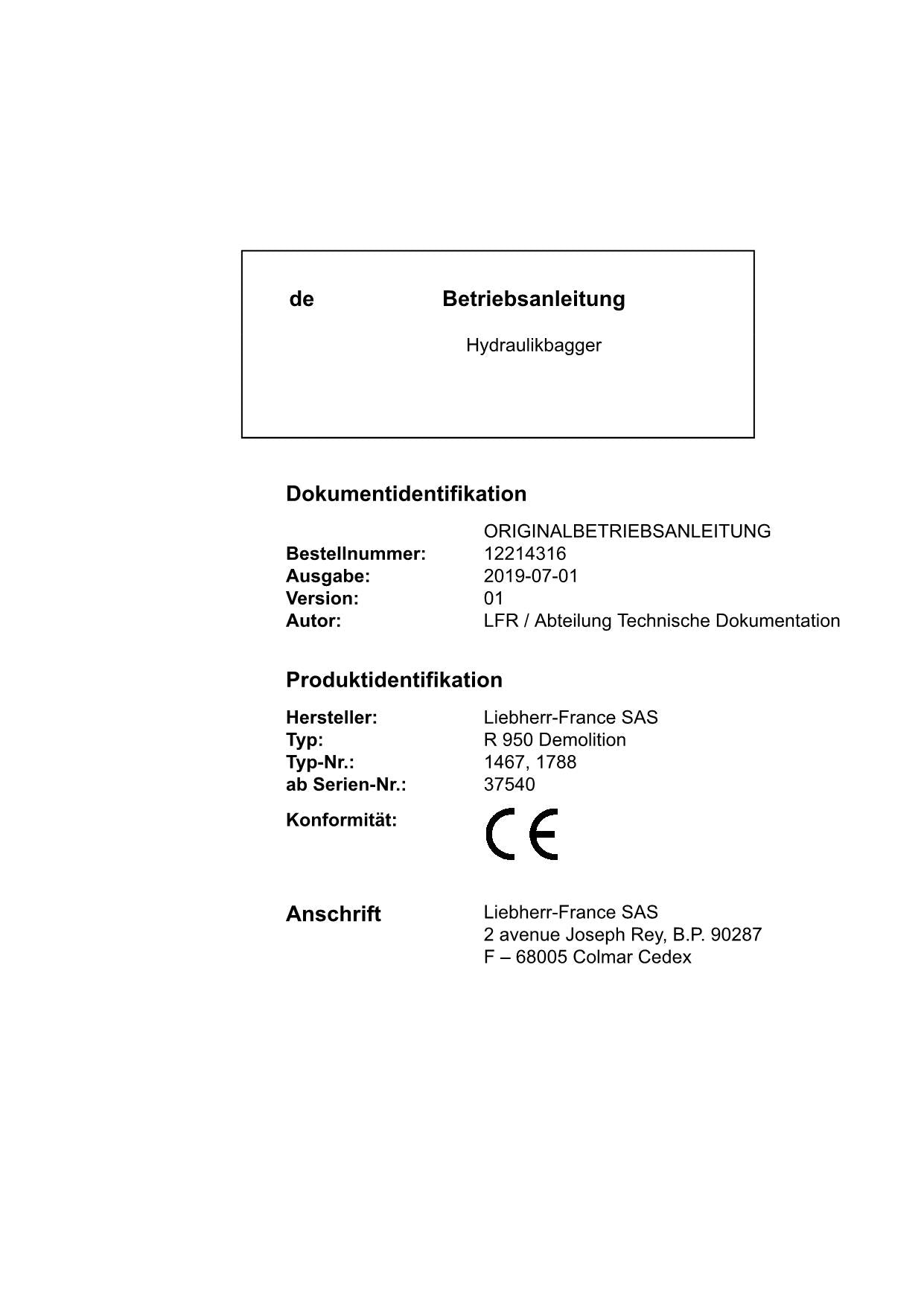 Liebherr R950 Demolition 1467 1788 Hydraulikbagger Betriebsanleitung