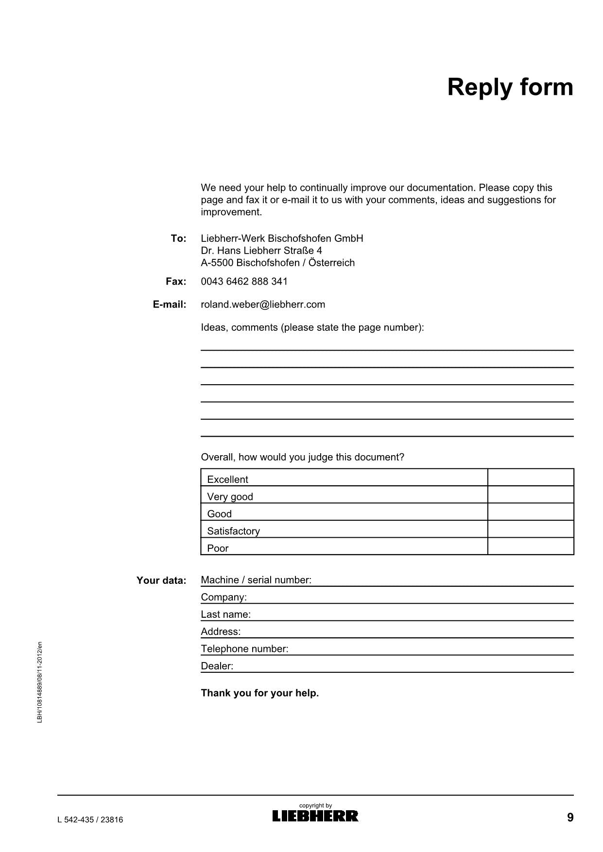 Liebherr L542-435 Wheel Loader Operators manual