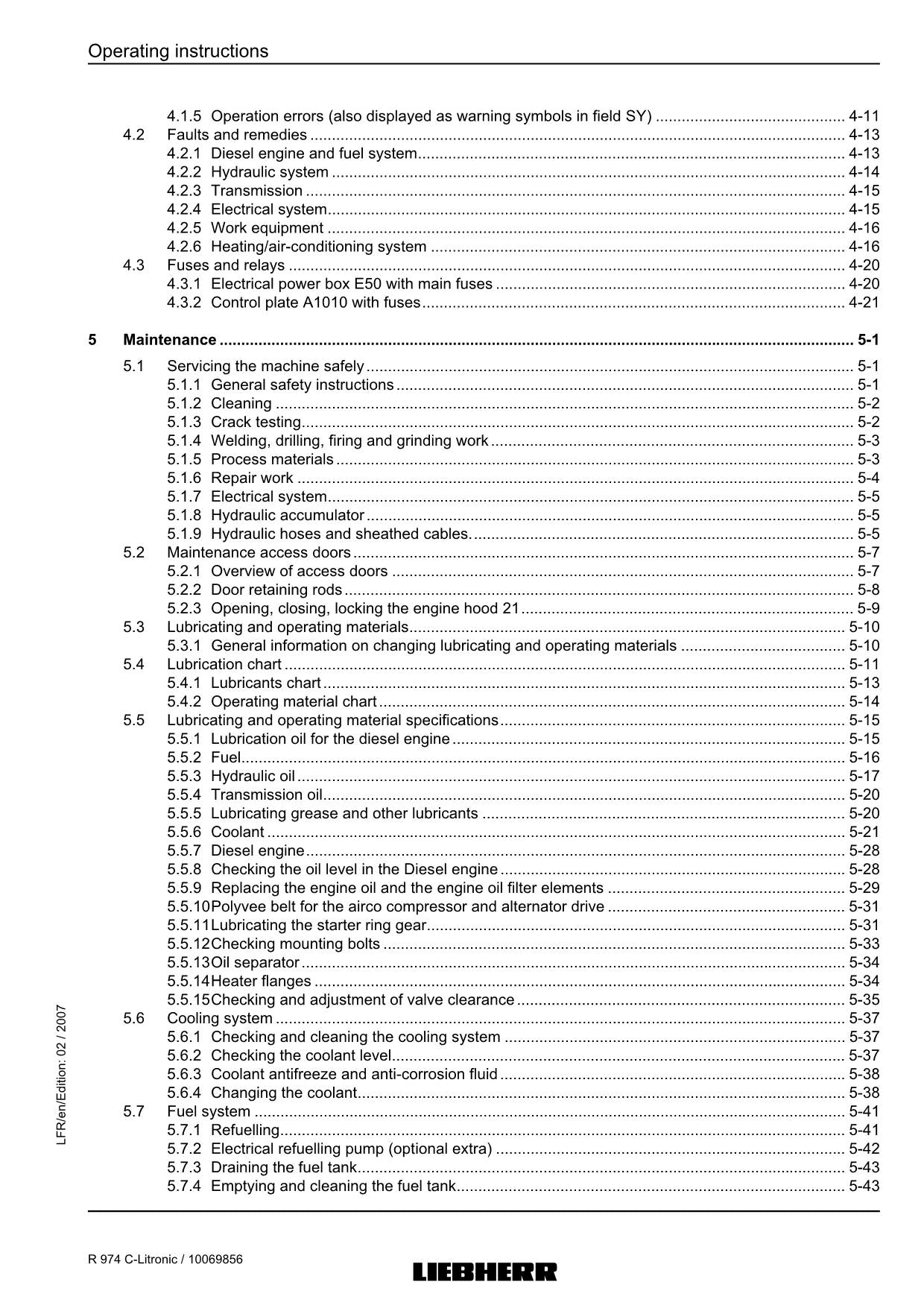 Liebherr R974 C-Litronic Excavator Operators manual serial 15259