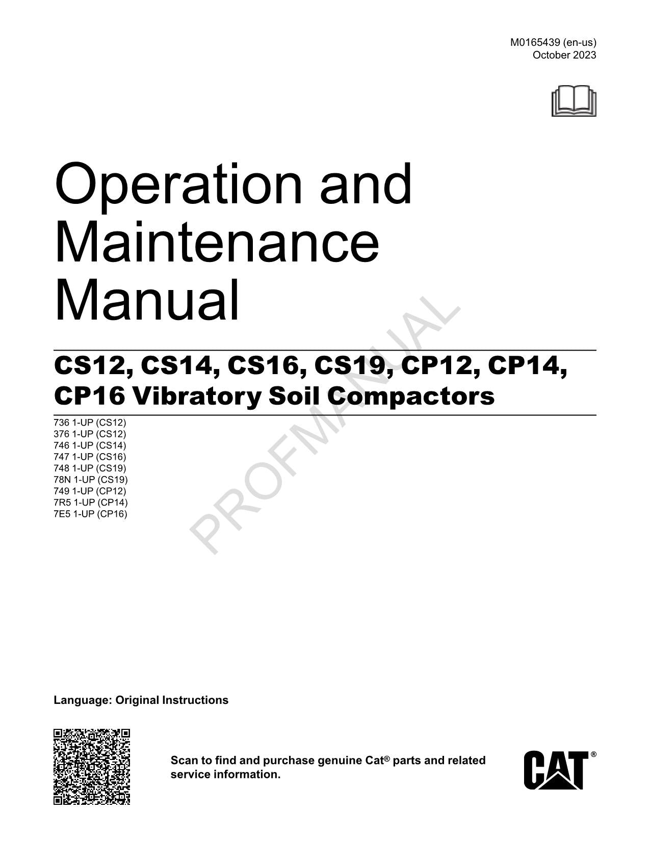 Caterpillar CS12 CS14 CS16 CS19 Vibratory Soil Compactor Operators Manual