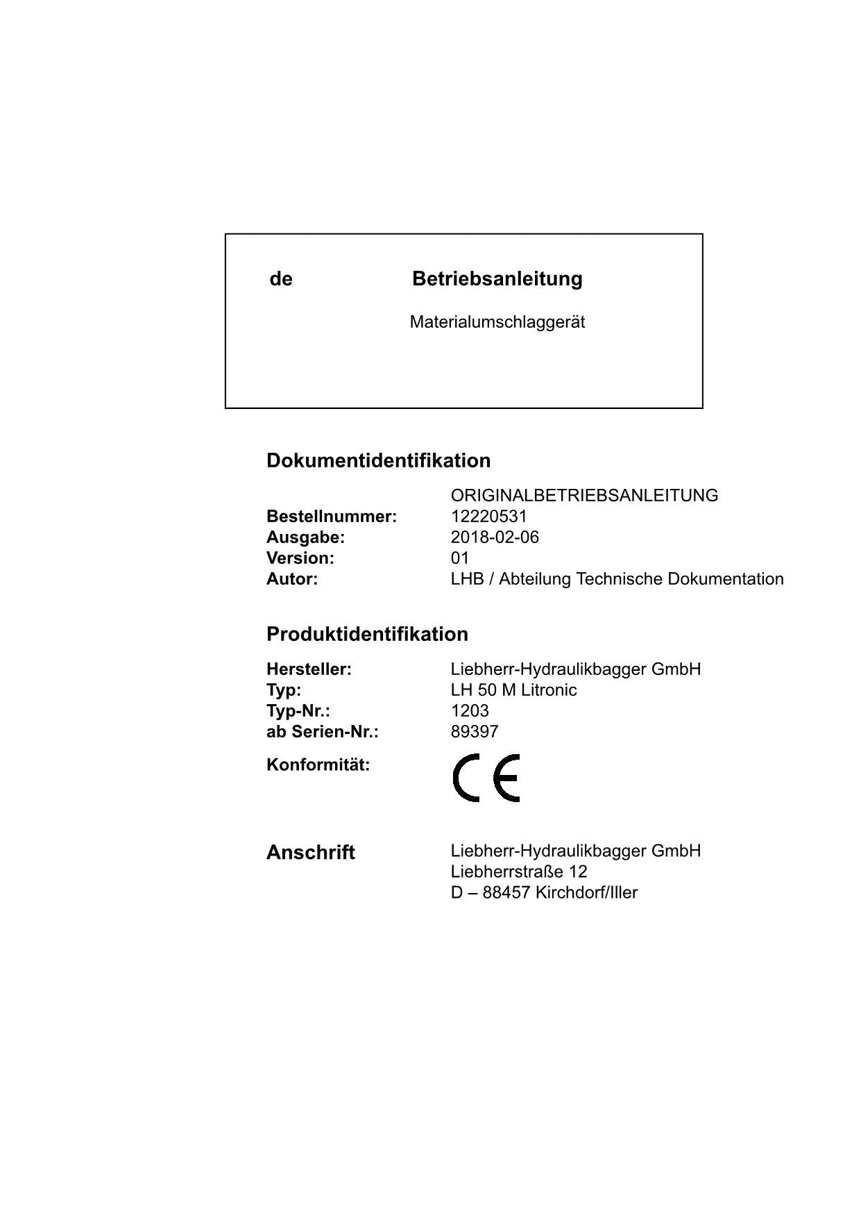 Liebherr LH50 M Litronic Materialumschlaggerät Betriebsanleitung typ 1203