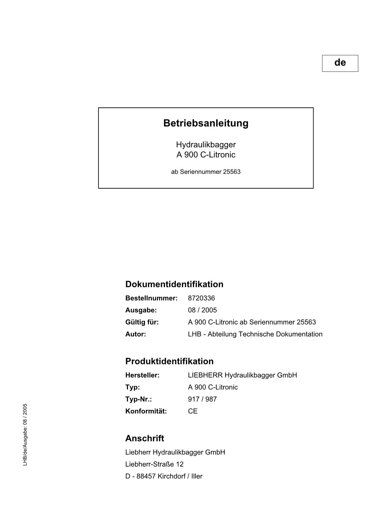 Liebherr A900 C-Litronic Hydraulikbagger Betriebsanleitung ser 917 987