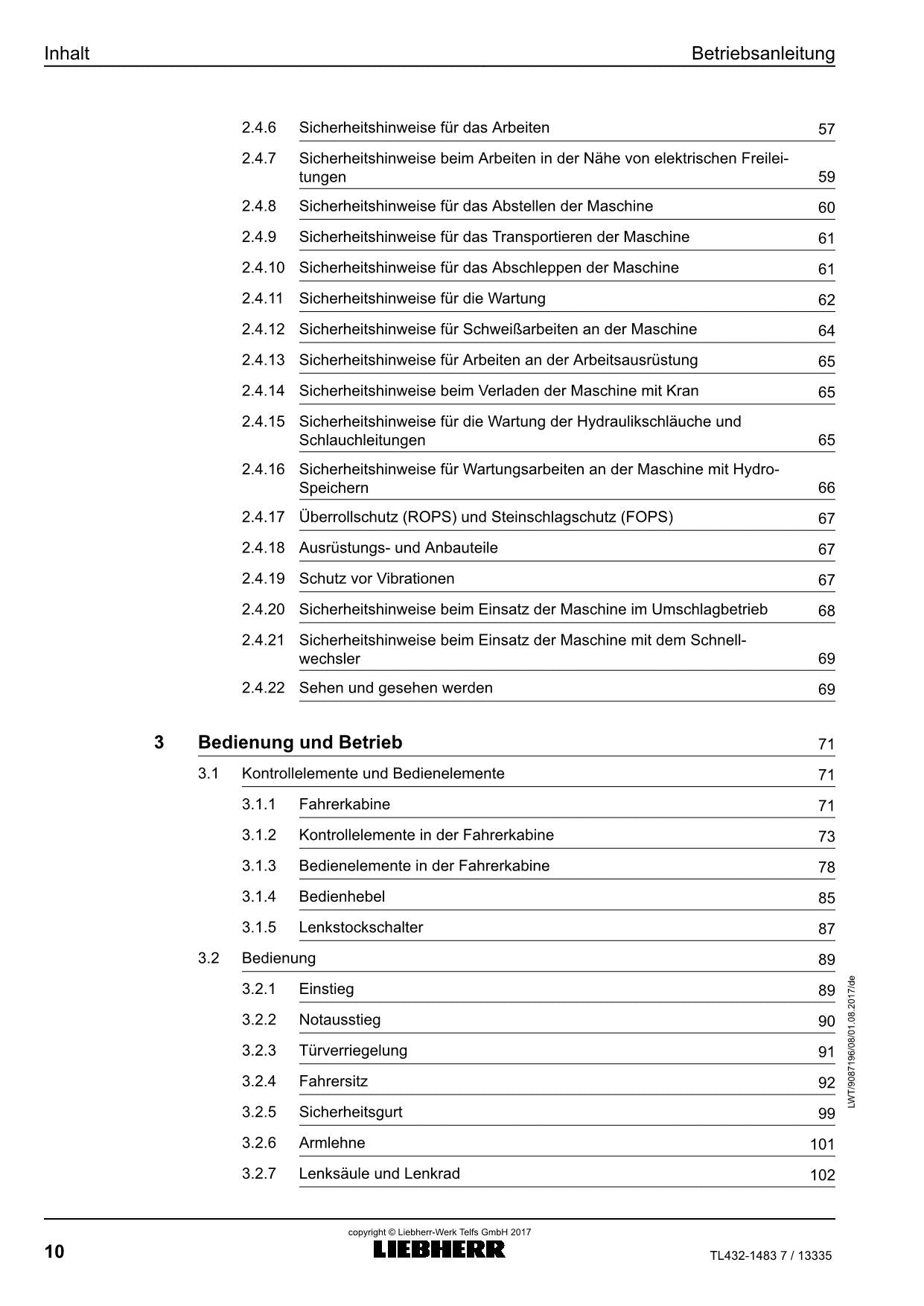 Liebherr TL432 7 Teleskoplader Betriebsanleitung