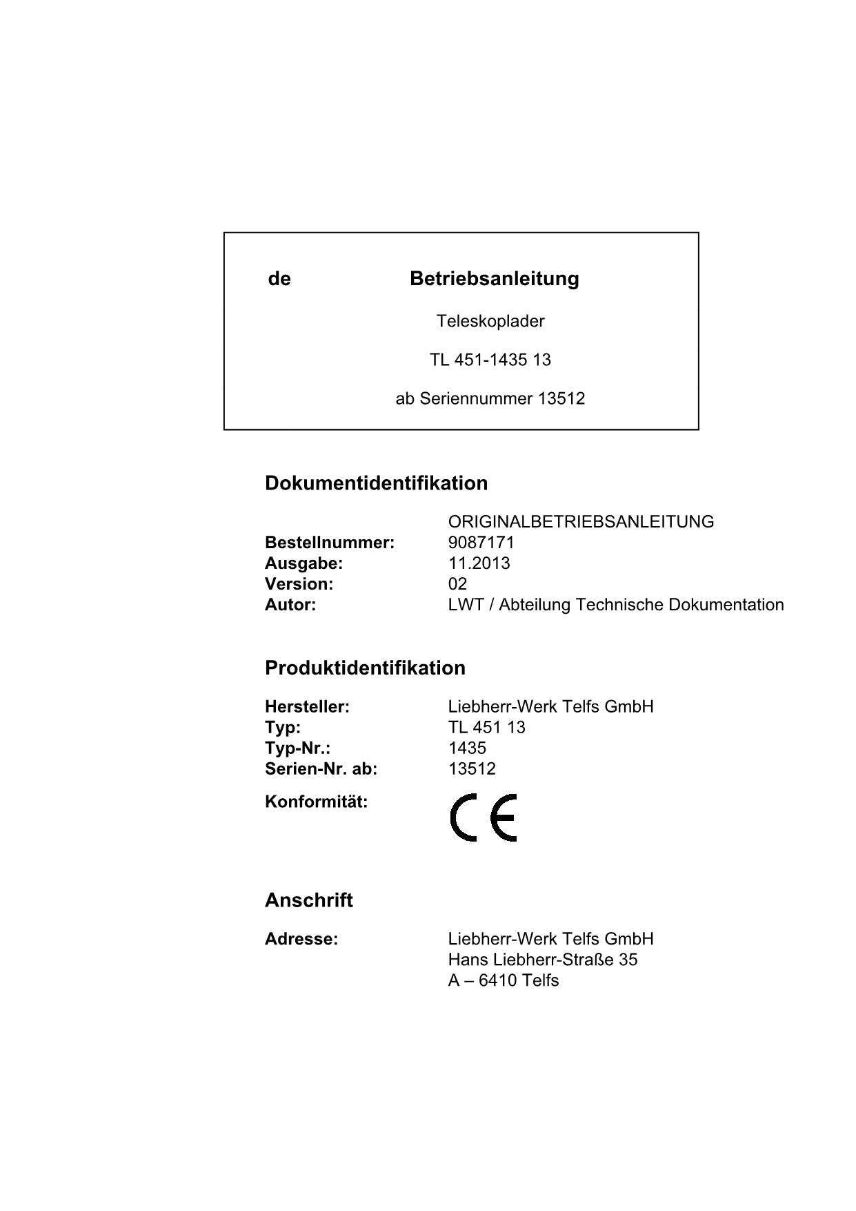 Liebherr TL451 13 Teleskoplader Manuel d'instructions