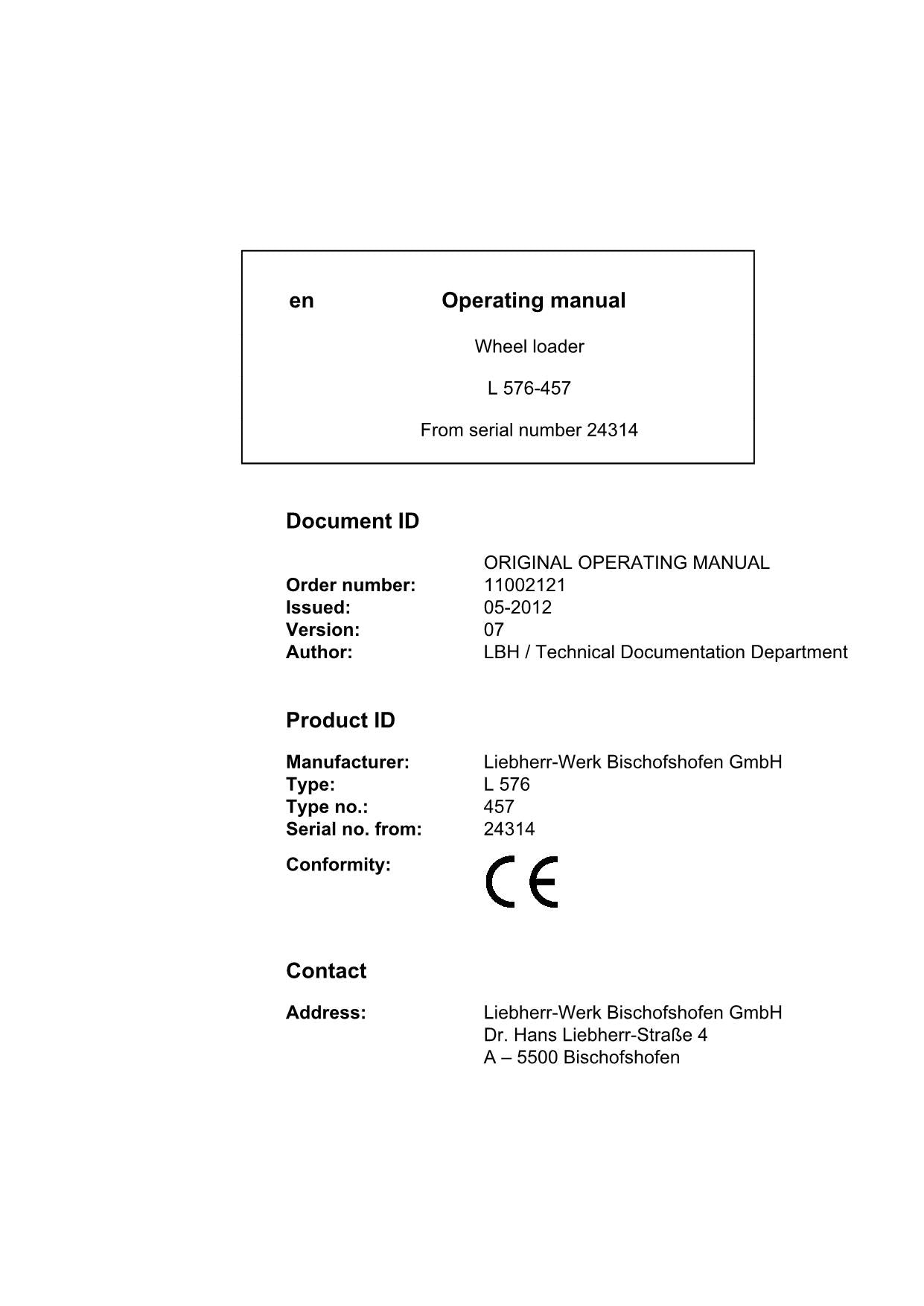 Liebherr L576-457 Wheel Loader Operators manual